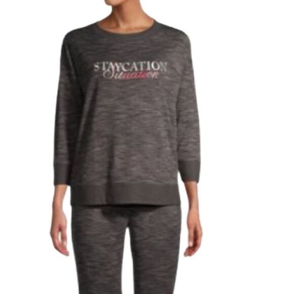 NWT Womens Top Lounge Pajama Sleep Staycation Situation Embroidered Gray Soft - Picture 2 of 7